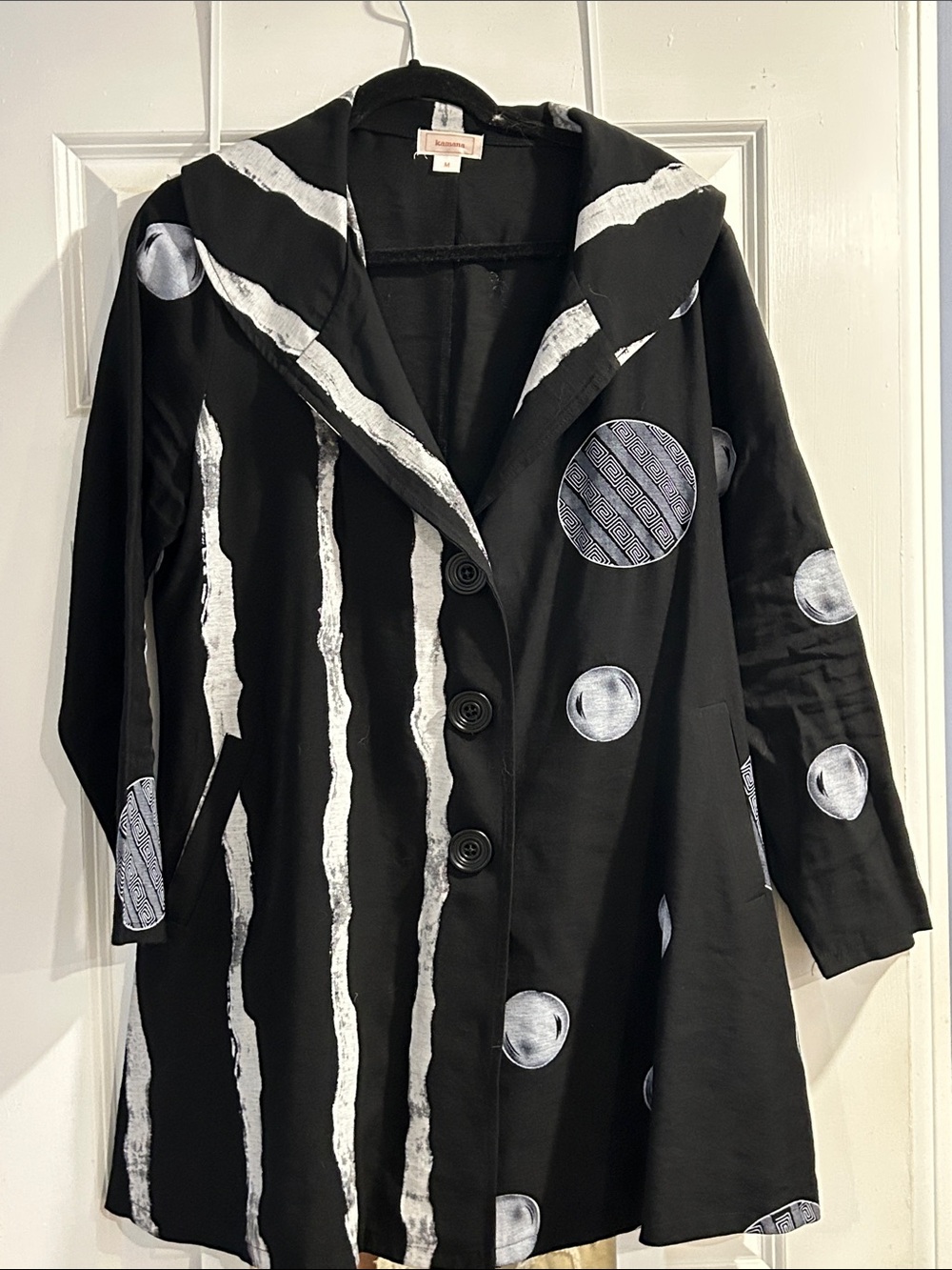 Black Graphic-Print Trench Coat with White Accents